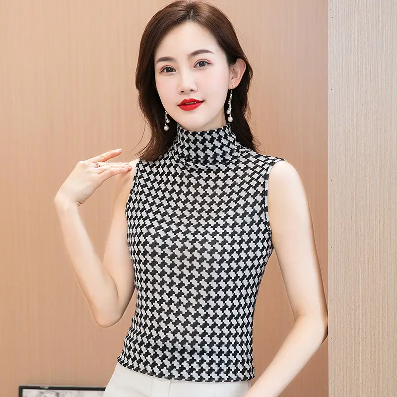 Black Polka Dot Sleeveless High Collar Shirt - Image 3
