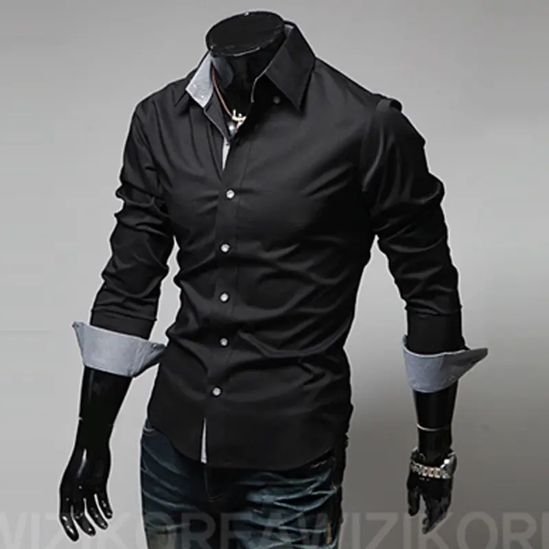 Men Black Slim Fit Button Shirt with Grey Cuff