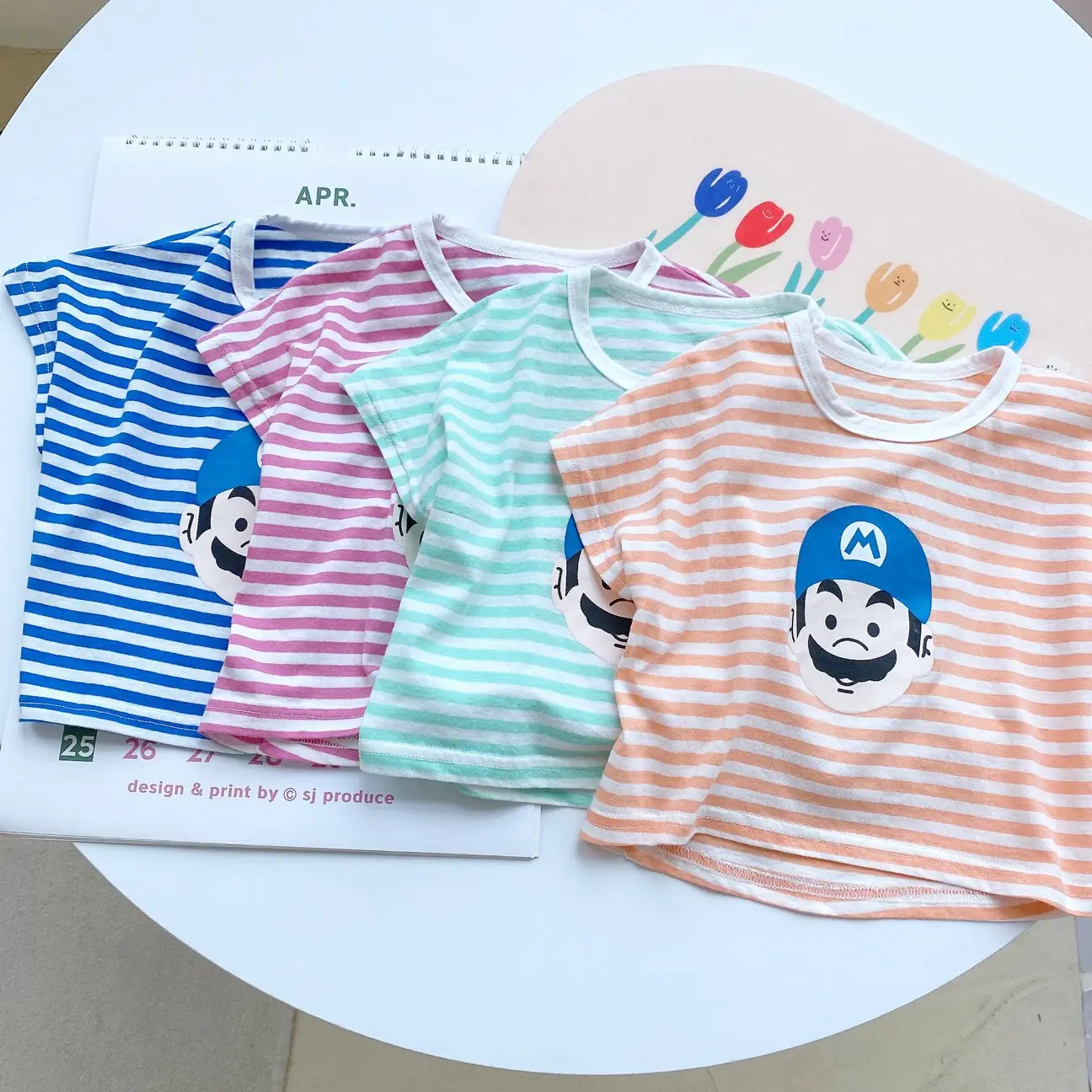 Kids Cartoon T-Shirt Striped Blue Pants Set - Image 5