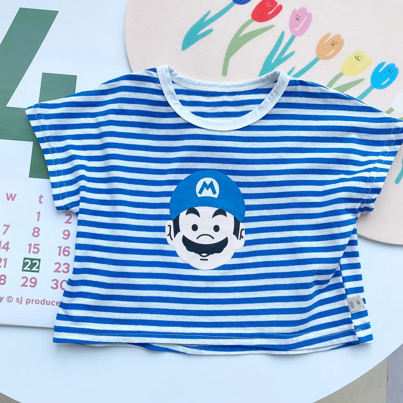 Kids Cartoon T-Shirt Striped Blue Pants Set - Image 2