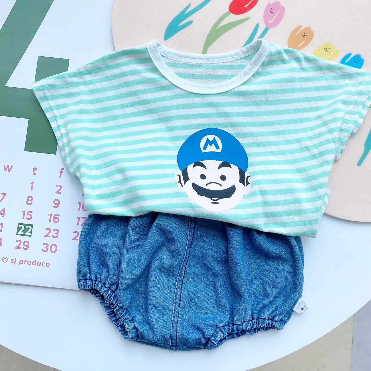 Kids Cartoon T-Shirt Striped Blue Pants Set - Image 8