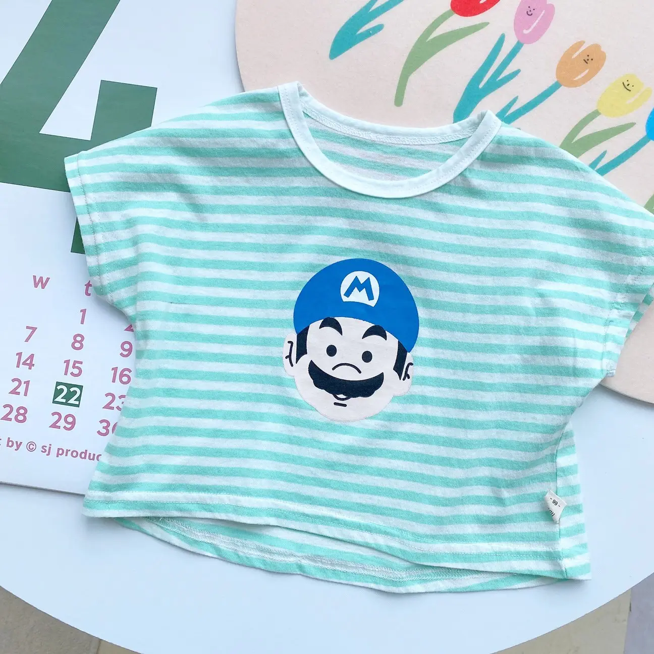 Kids Cartoon T-Shirt Striped Blue Pants Set - Image 3