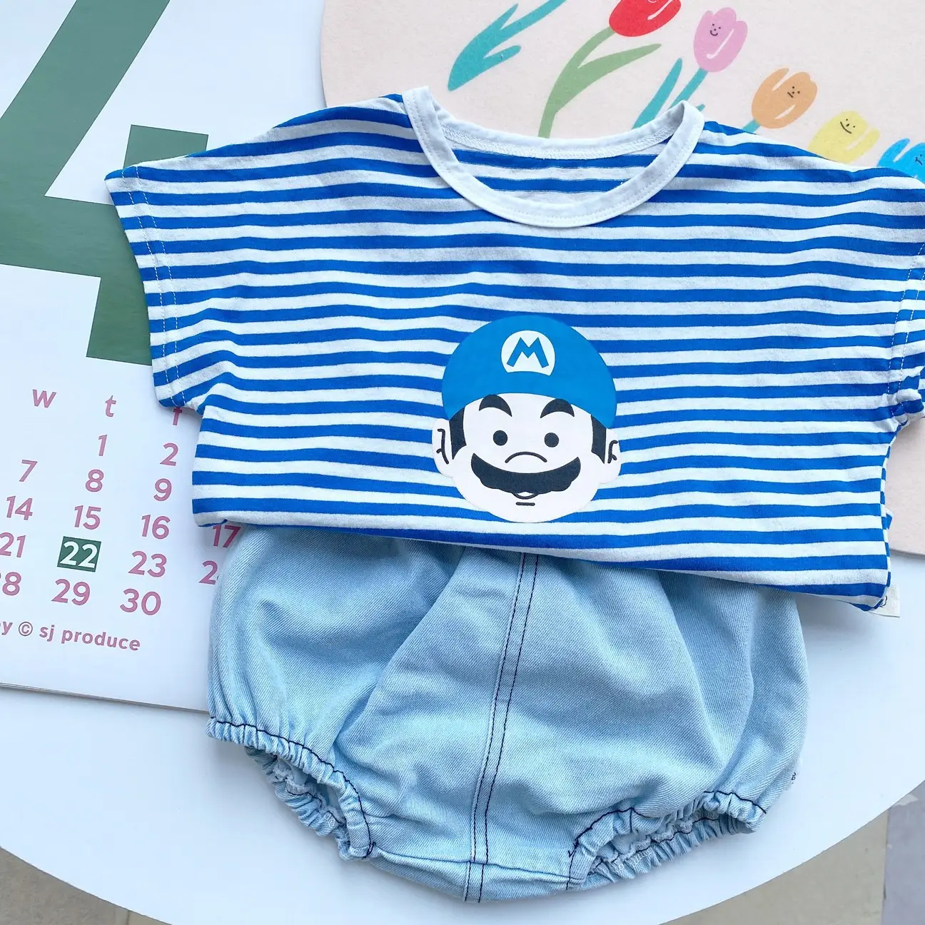 Kids Cartoon T-Shirt Striped Blue Pants Set - Image 9