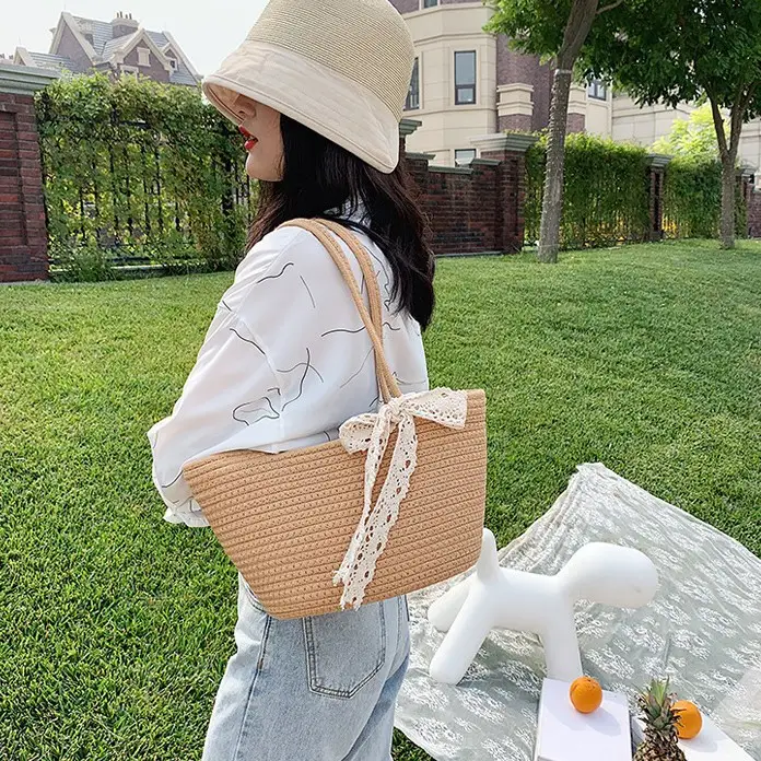 Women's Straw Bow Tote Bag Brown Large Capacity - Image 6