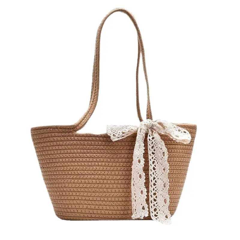 Women's Straw Bow Tote Bag Brown Large Capacity - Image 7