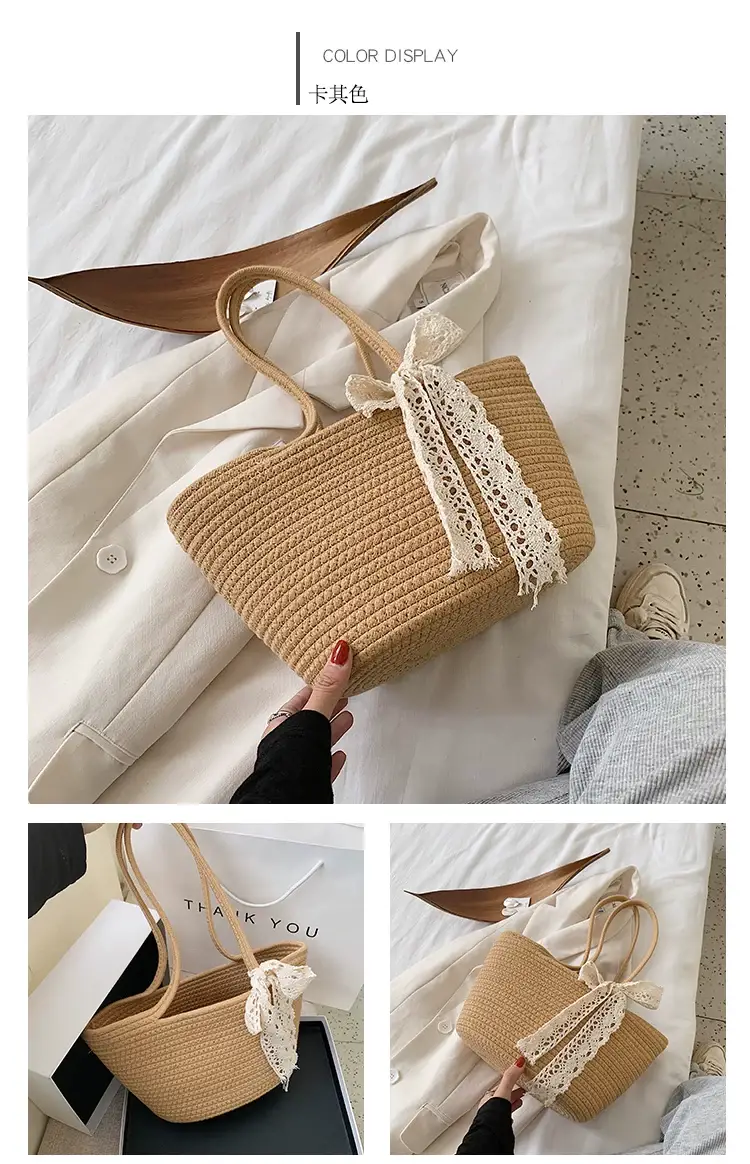 Women's Straw Bow Tote Bag Brown Large Capacity — feature 4