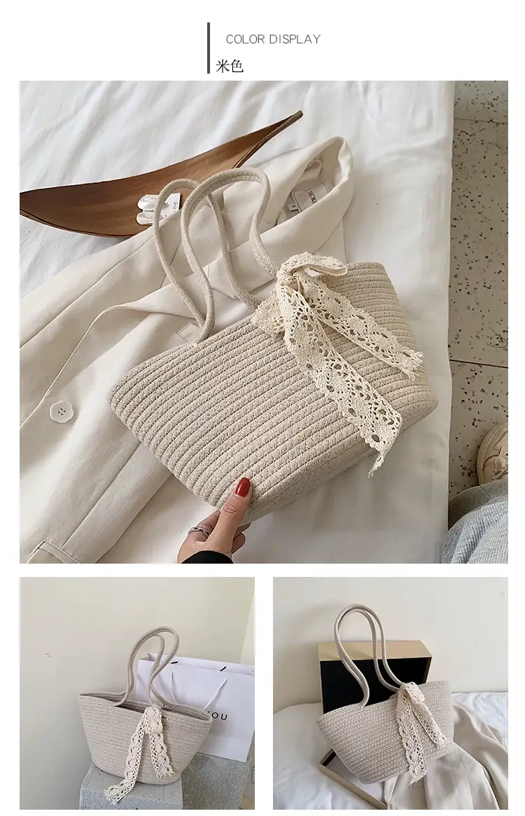 Women's Straw Bow Tote Bag Brown Large Capacity — feature 5