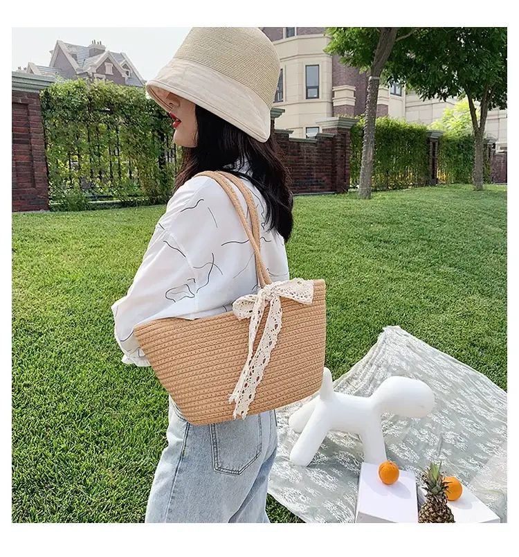 Women's Straw Bow Tote Bag Brown Large Capacity — feature 6