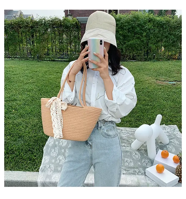 Women's Straw Bow Tote Bag Brown Large Capacity — feature 7