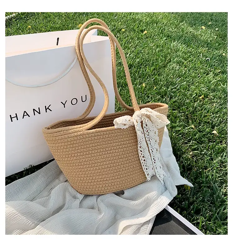Women's Straw Bow Tote Bag Brown Large Capacity — feature 9