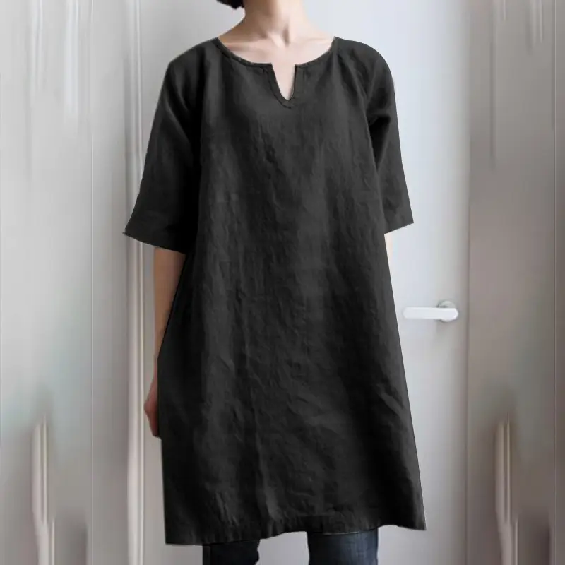 Women Black V-Neck Loose Cotton Top 2021 - Image 5