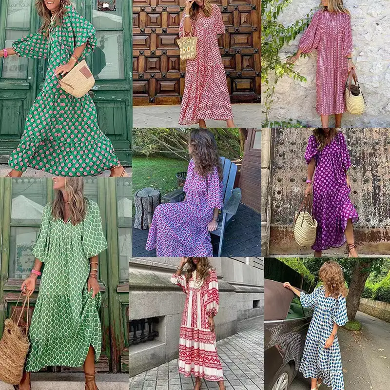 Pink Geometric Bubble Sleeve Dress for Women - Image 15