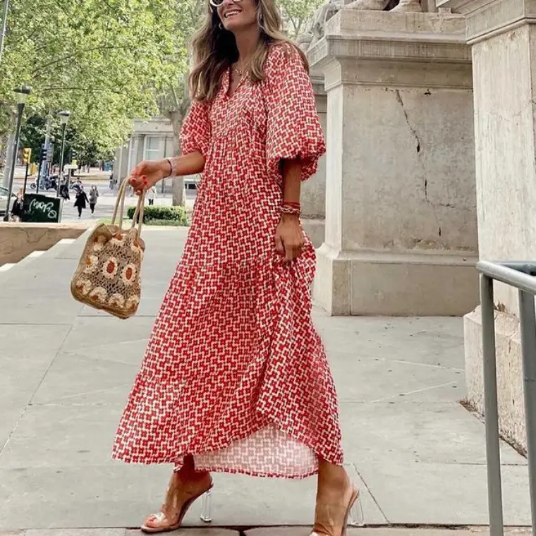 Pink Geometric Bubble Sleeve Dress for Women - Image 16