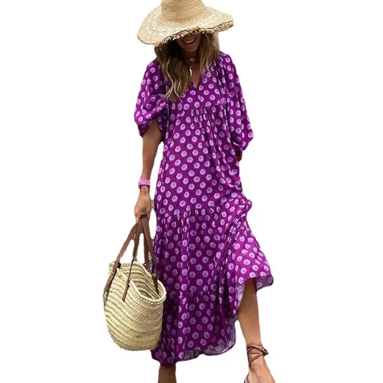 Pink Geometric Bubble Sleeve Dress for Women - Image 18