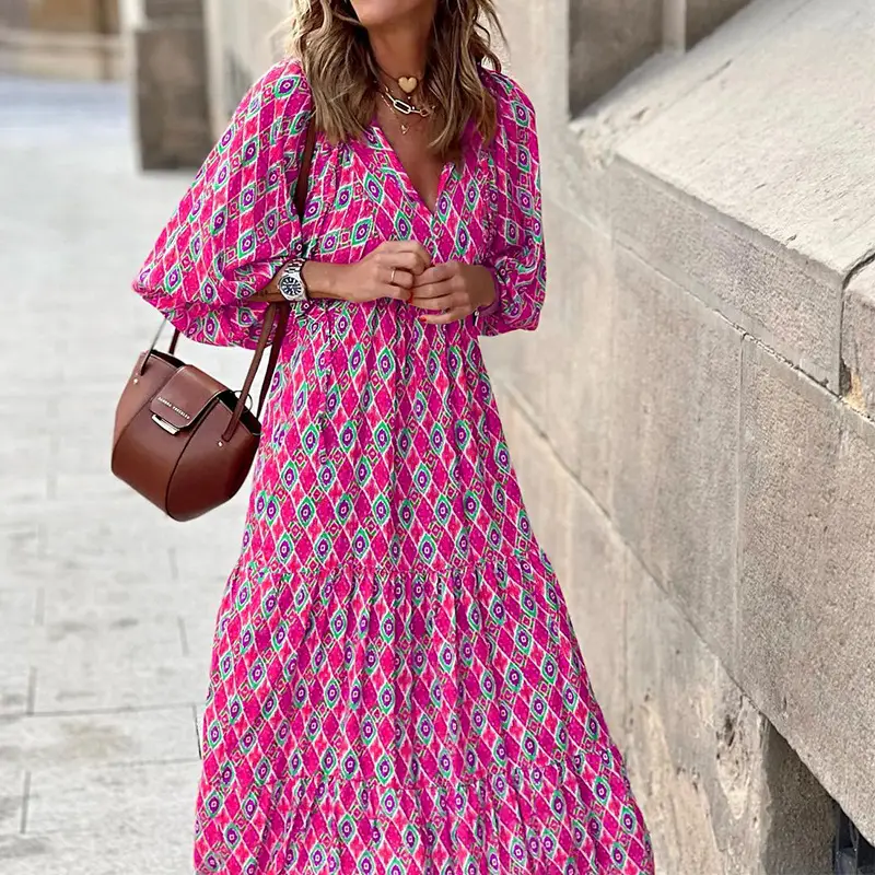 Pink Geometric Bubble Sleeve Dress for Women - Image 10