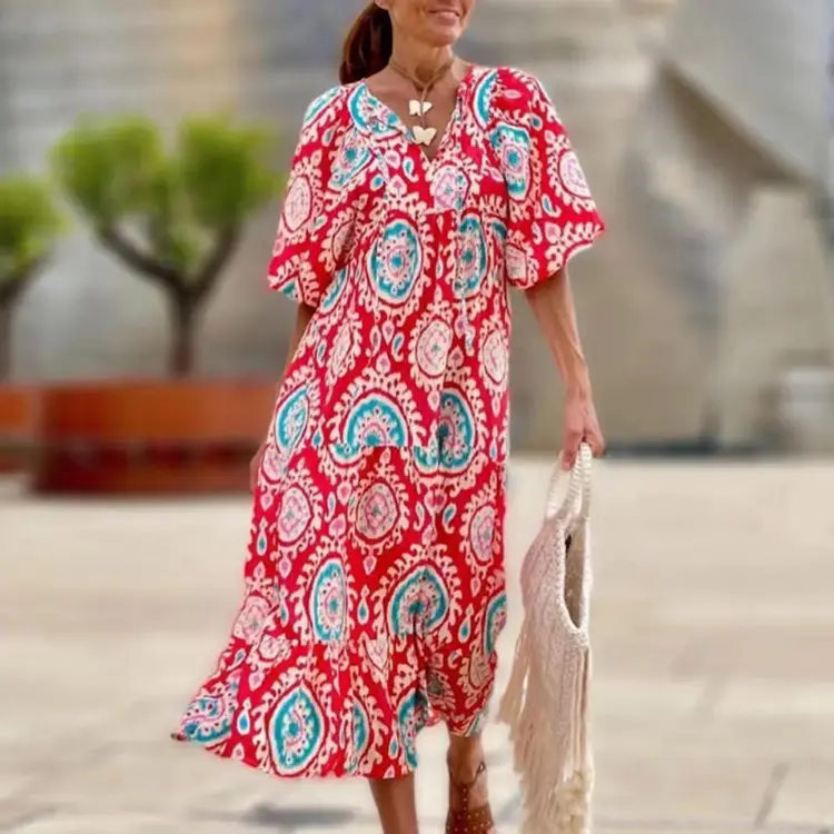 Pink Geometric Bubble Sleeve Dress for Women - Image 11