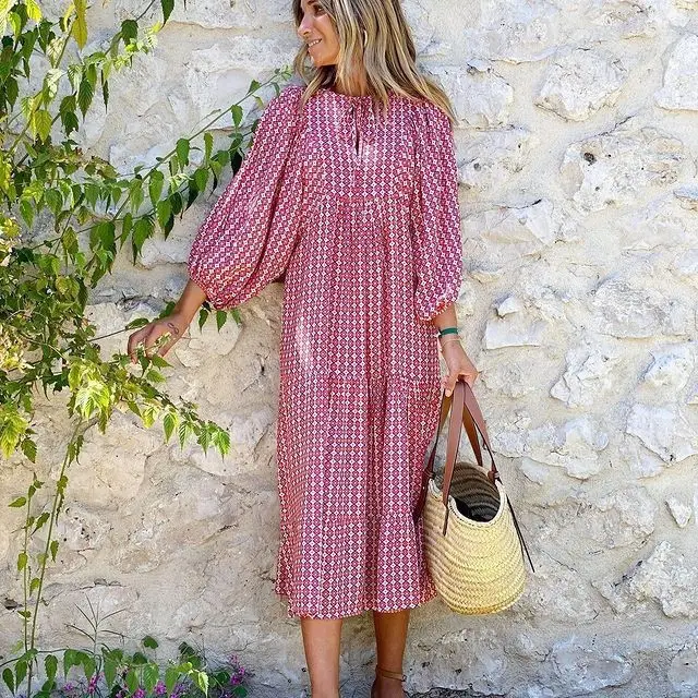 Pink Geometric Bubble Sleeve Dress for Women - Image 13