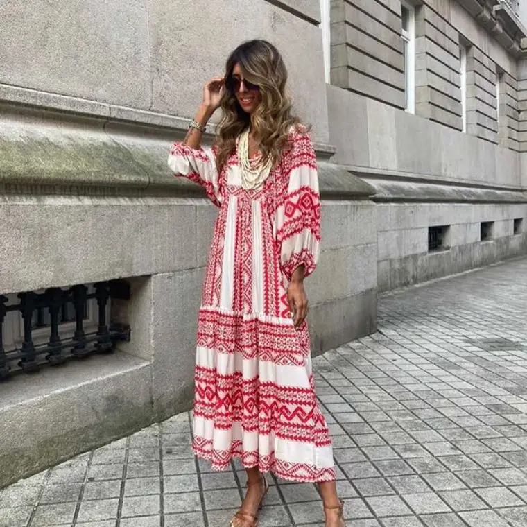 Pink Geometric Bubble Sleeve Dress for Women - Image 2