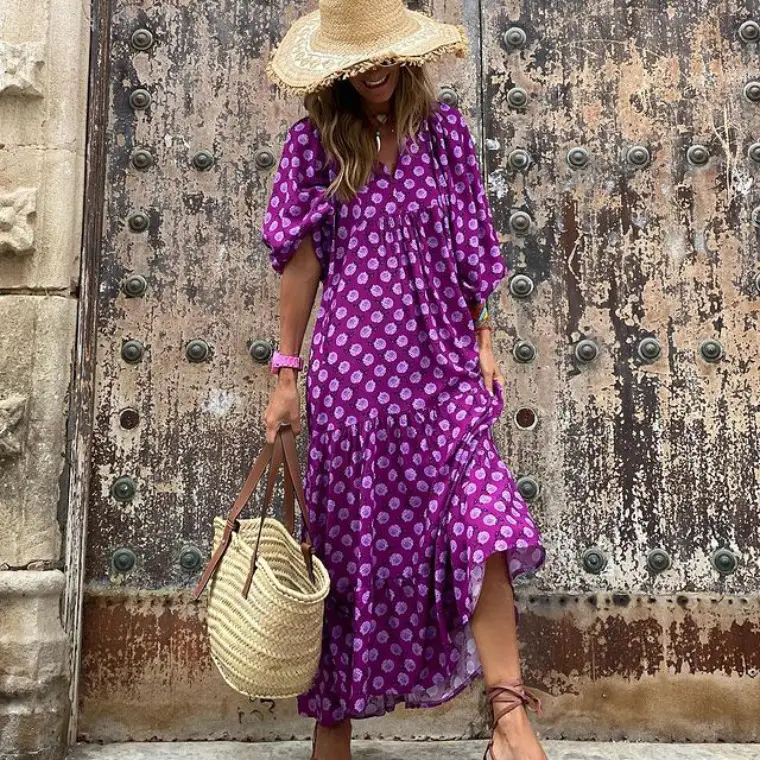 Pink Geometric Bubble Sleeve Dress for Women - Image 3