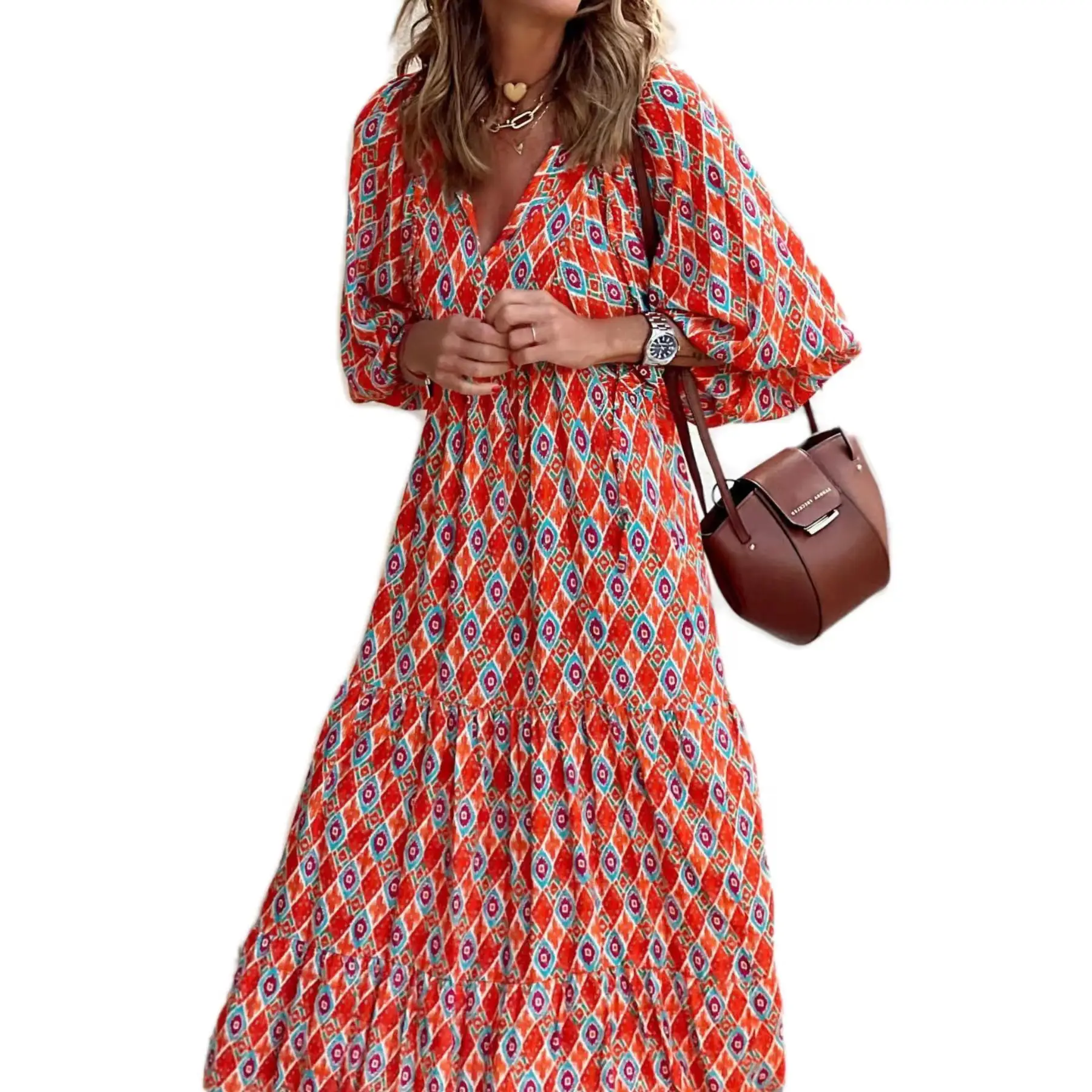 Pink Geometric Bubble Sleeve Dress for Women - Image 8