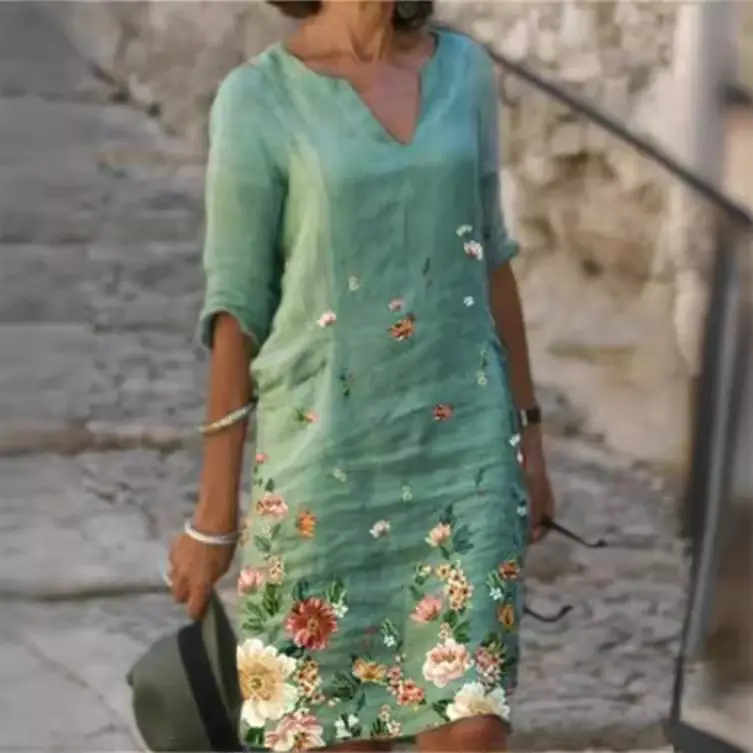 2025 New Color 3-Qr Sleeve Women Dress Floral Print - Image 10