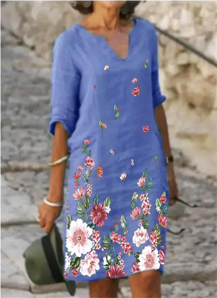 2025 New Color 3-Qr Sleeve Women Dress Floral Print - Image 2