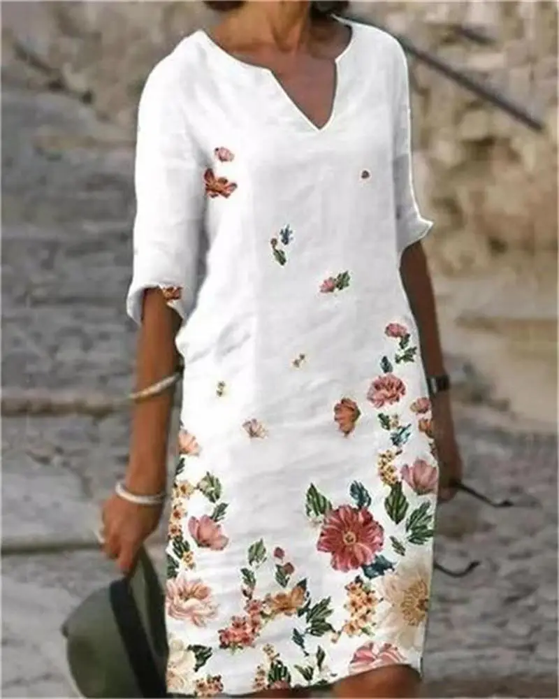 2025 New Color 3-Qr Sleeve Women Dress Floral Print - Image 4