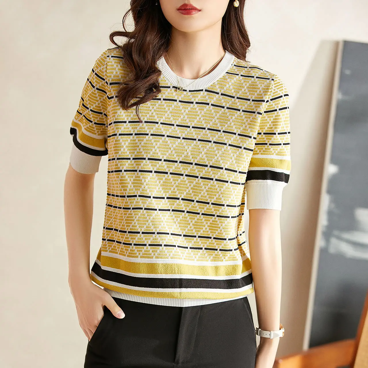 Women 2023 Yellow Black Striped Knit T-Shirt - Image 2