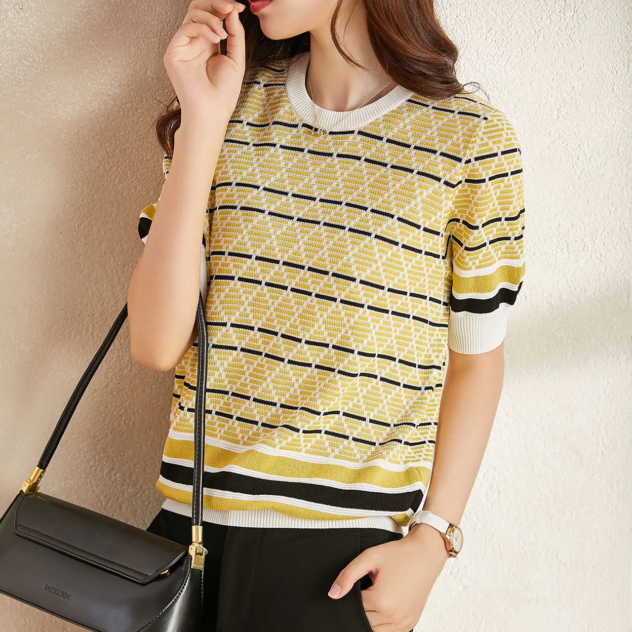 Women 2023 Yellow Black Striped Knit T-Shirt - Image 3