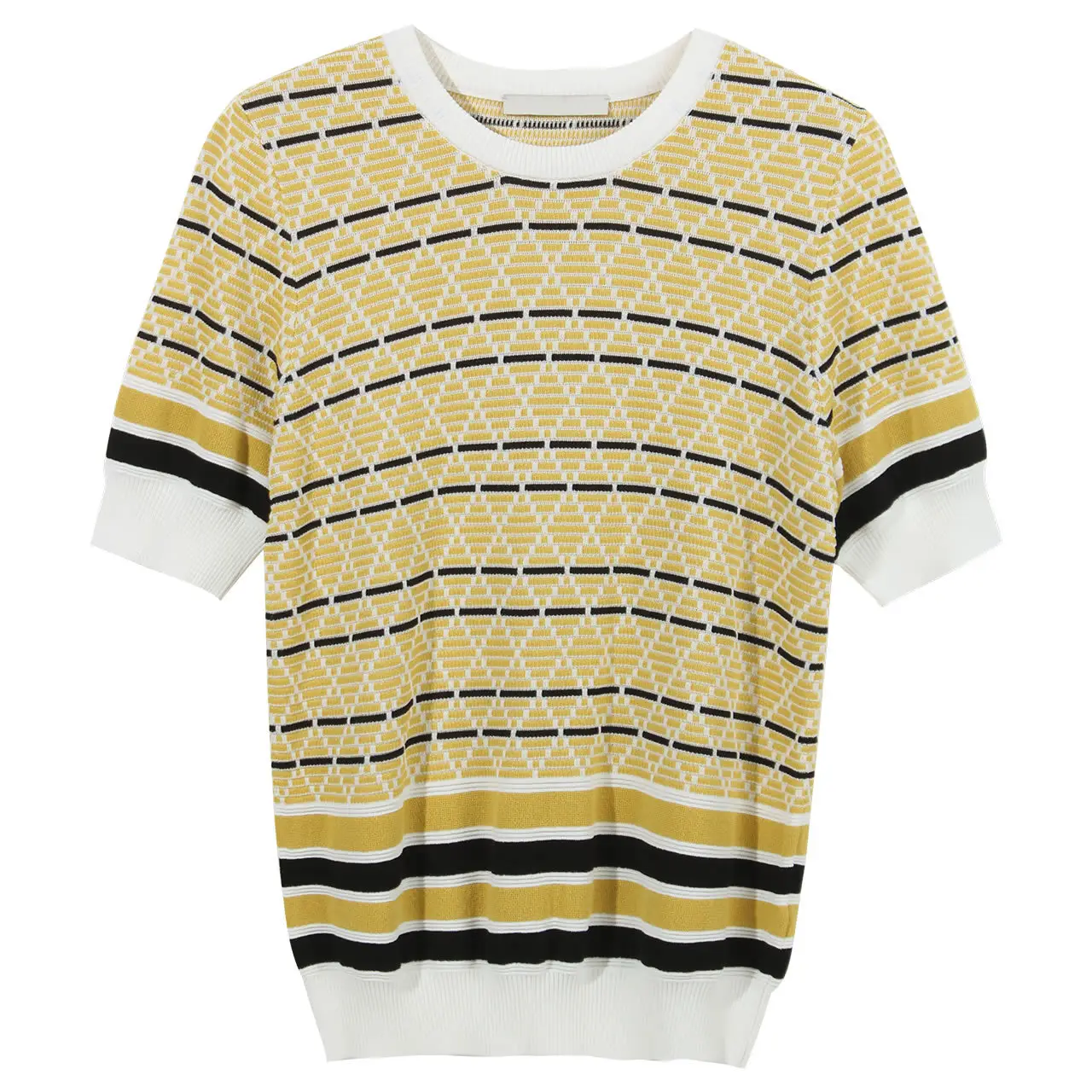 Women 2023 Yellow Black Striped Knit T-Shirt - Image 6