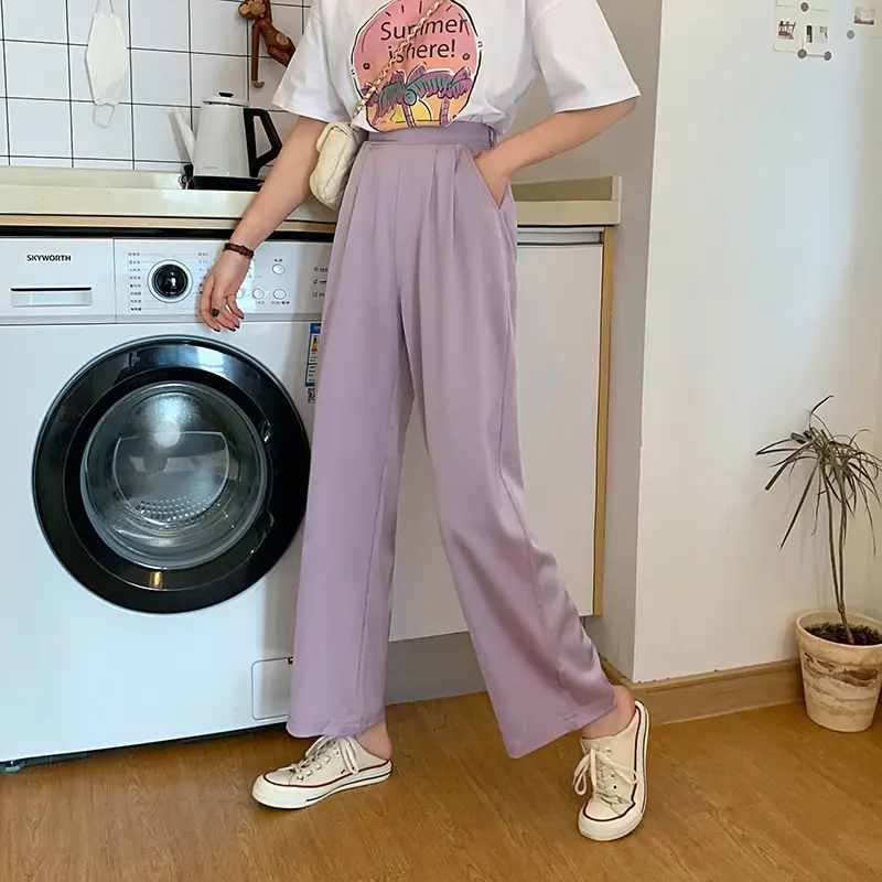 Women Loose Draping Pants Purple High Waist Straight Leg - Image 7
