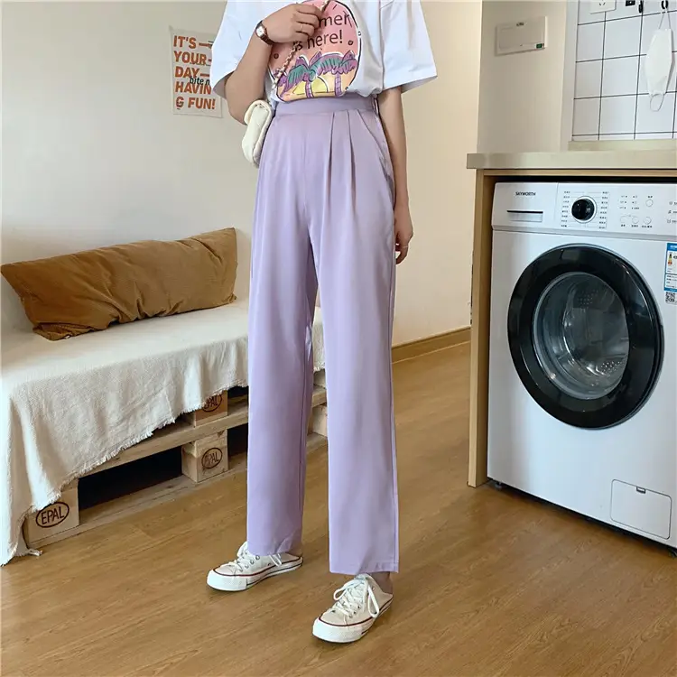 Women Loose Draping Pants Purple High Waist Straight Leg — feature 10