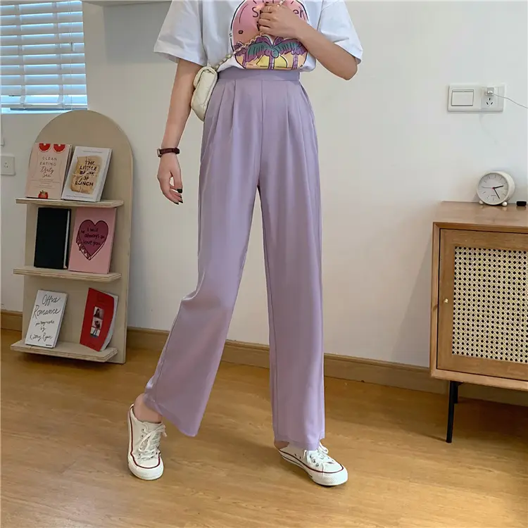 Women Loose Draping Pants Purple High Waist Straight Leg — feature 7