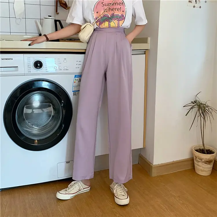 Women Loose Draping Pants Purple High Waist Straight Leg — feature 8