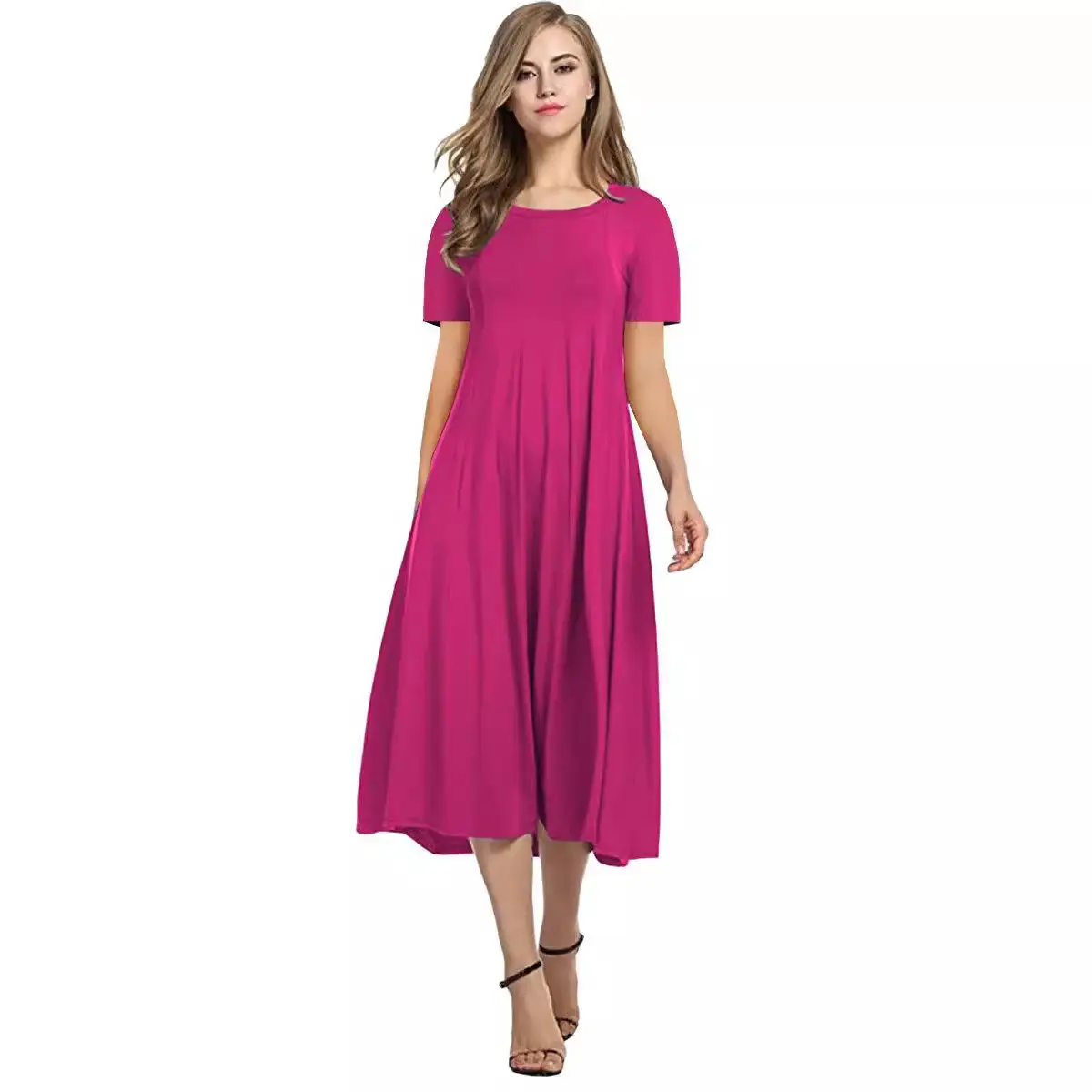 2025 Summer Women's Brown Round Neck Dress Large Hem - Image 15
