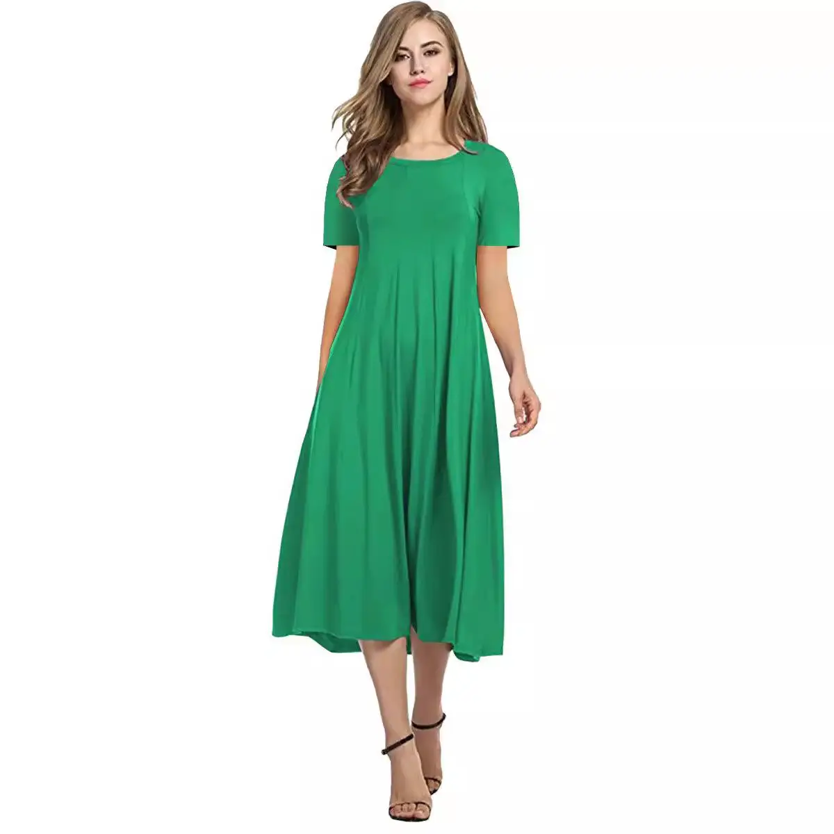 2025 Summer Women's Brown Round Neck Dress Large Hem - Image 16
