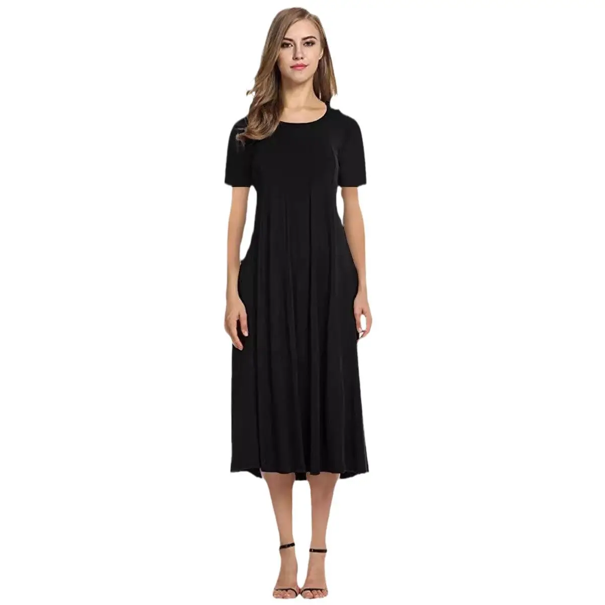 2025 Summer Women's Brown Round Neck Dress Large Hem - Image 18