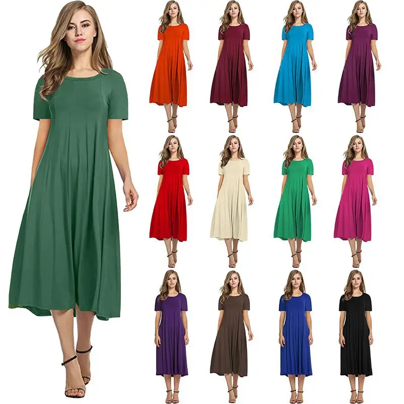 2025 Summer Women's Brown Round Neck Dress Large Hem — feature 7