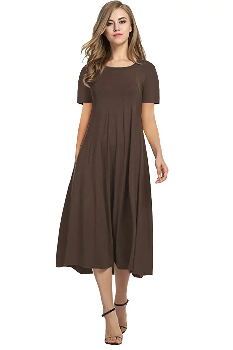 2025 Summer Women's Brown Round Neck Dress Large Hem - Image 12