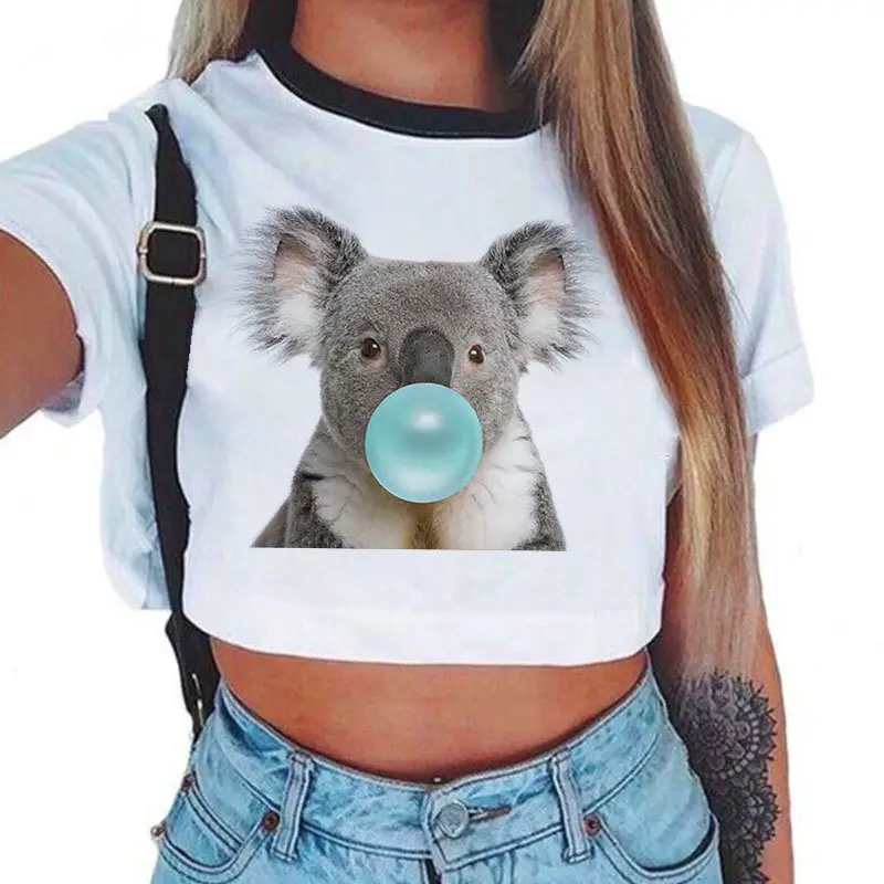 Women Bubble Blowing Koala Crop Top T-Shirt - Image 9