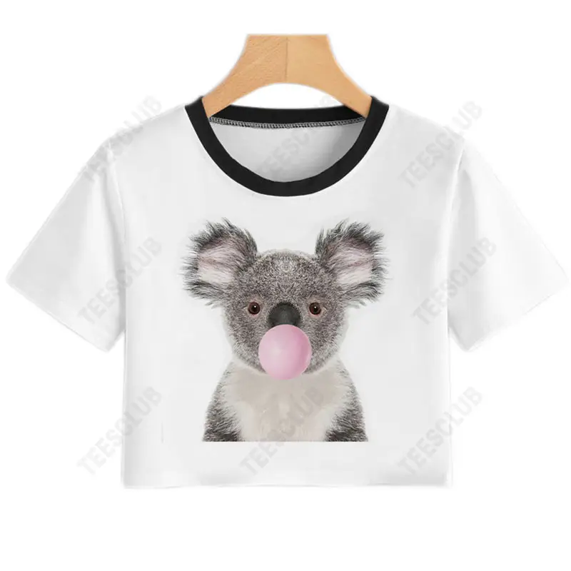 Women Bubble Blowing Koala Crop Top T-Shirt - Image 2