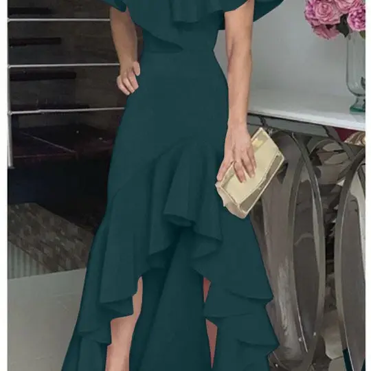 Women's Fuchsia Ruffled Long Dress with High Heels - Image 7