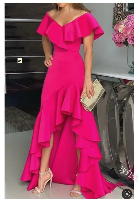 Women's Fuchsia Ruffled Long Dress with High Heels - Image 5