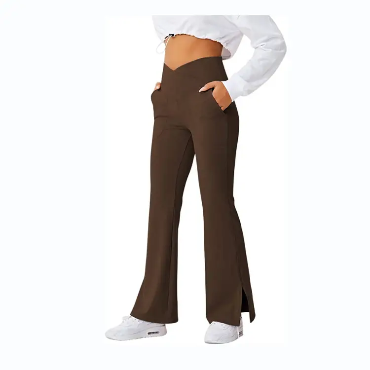 Women's Brown Flare Waist Pants with Foot Split - Image 6