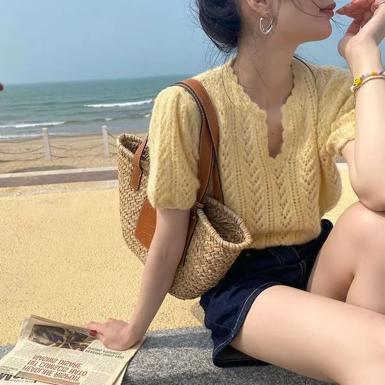 Green Knit V-Neck Top for Women Spring Summer - Image 7
