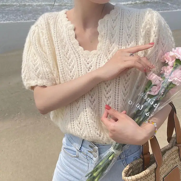 Green Knit V-Neck Top for Women Spring Summer - Image 8