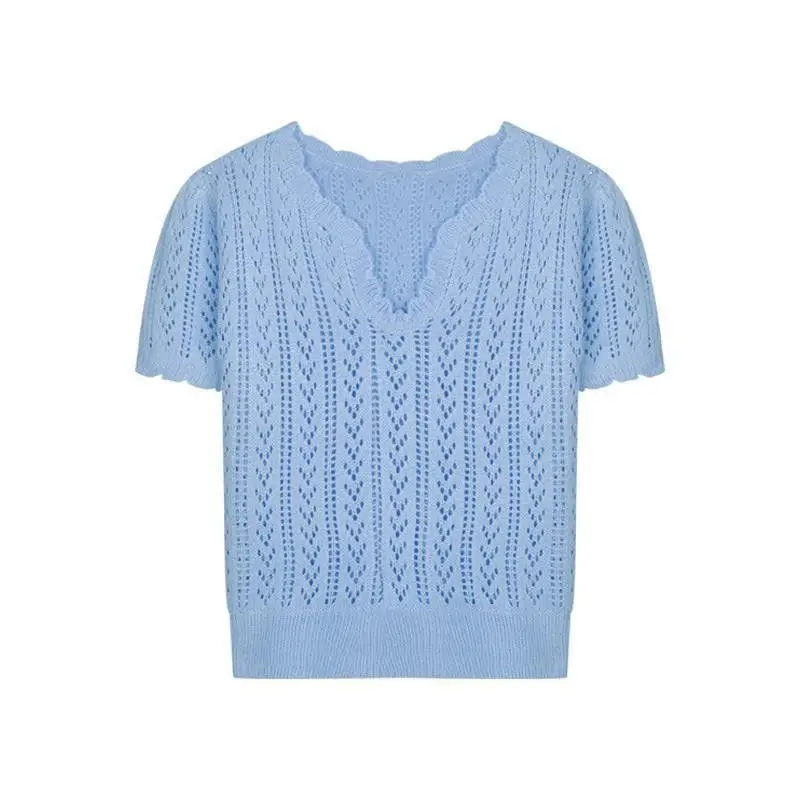 Green Knit V-Neck Top for Women Spring Summer - Image 5