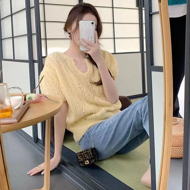 Green Knit V-Neck Top for Women Spring Summer — feature 13