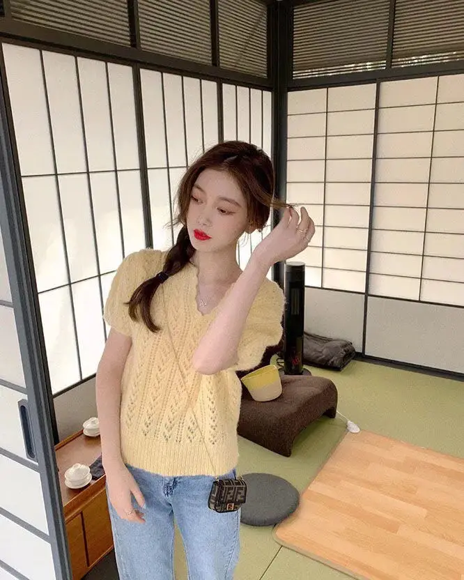 Green Knit V-Neck Top for Women Spring Summer — feature 27
