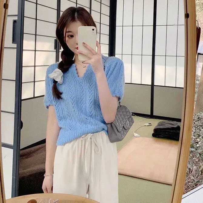 Green Knit V-Neck Top for Women Spring Summer — feature 44